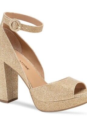 59$ Sun + Stone Reemaa Peep Toe Block Heel Platform Sandals Size 11 US Gold Glit